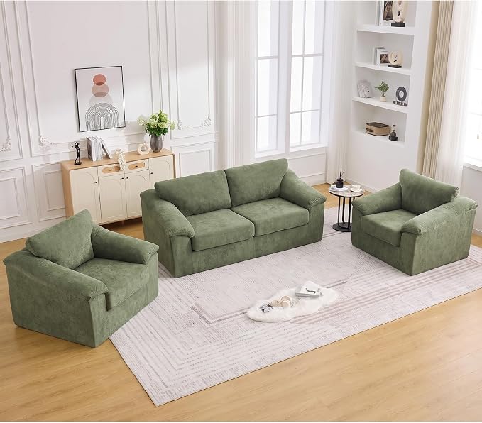 Boneless Couch Sets, Modern Loveseat Sofa with 2 Accent Sofa Chairs, Floor Cloud Couch Sets with Extra Comfy Soft Deep Seats for Living Room, Apartment, No Assemby, Set of 3, Green