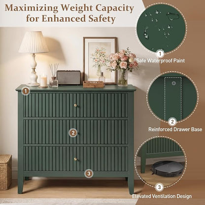 RoyalCraft 32" Large Nightstand, Fluted Painted Bedside Table with 3 Spacious Drawers, Modern Tall End Table for Bedroom, Dark Green