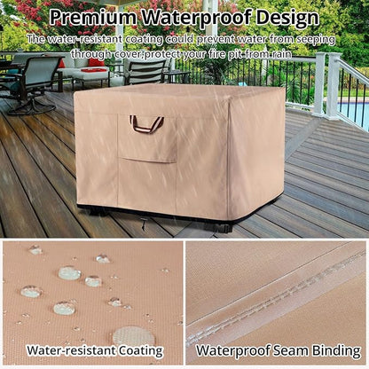 QH.HOME Fire Pit Cover Square-29-30 Inch Heavy Duty 900D Strong Tear-Resistant and UV Resistant and Waterproof and Fading Resistant Material Polyester Firepit Covers for Outdoor Fire Table-Wheat