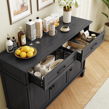 ONBRILL 48 Inches Buffet Cabinet with Storage, Farmhouse Sideboard Buffet w/2 Drawers and 3 Doors, Wood Coffee Bar Cabinet with Adjustable Shelves, Sideboard Storage for Kitchen, Living Room, Black