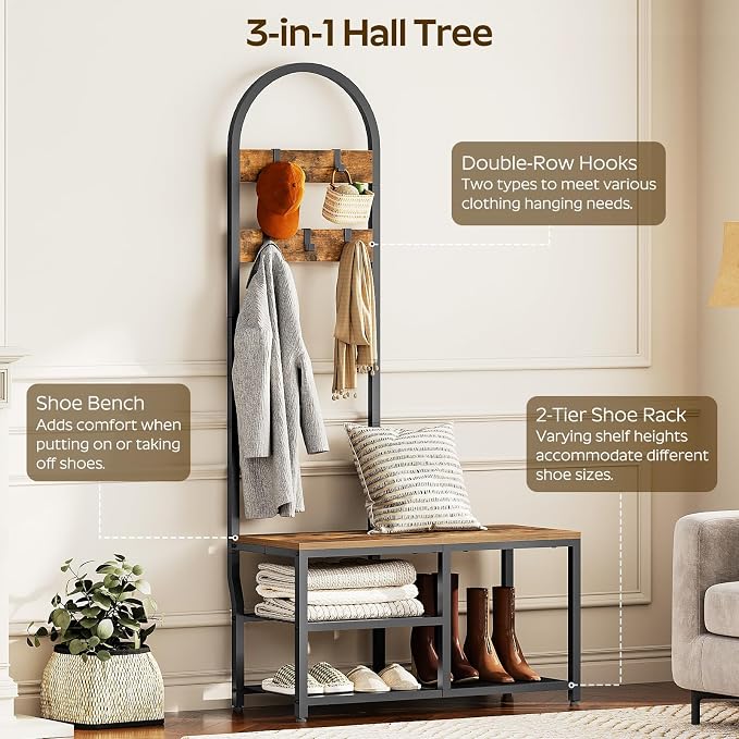 YATINEY Hall Tree, Coat Rack with Shoe Storage, Entryway Bench with Coat Rack and Shoe Shelf, All-in-One Entryway Storage Organizer, for Foyer, Hallway, Cloakroom, Rustic Brown and Black MT04BRY1