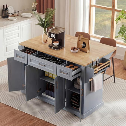 Large Kitchen Island with Rubber Wood Drop Leaf, Rolling Kitchen Cart with Ample Storage on Wheels with Doors and Drawers, Embossed Texture for Dining Room (54Inch, Grey, Silver Handle)