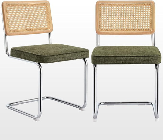 Zesthouse Natural Rattan Dining Chairs Set of 2, Mid Century Modern Dining Chairs with Solid Wood Back & Chrome Base, for Kitchen Living Room, Breuer Design Inspired, Upholstered Linen Fabric, Green