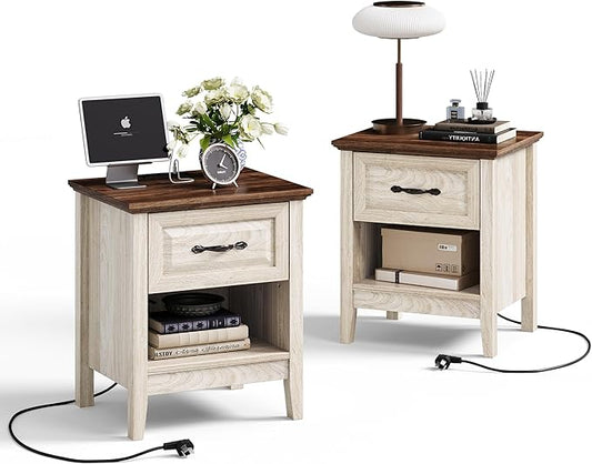 LINSY Night Stand Set of 2, 18.9" Farmhouse Wood NightStand with Type-C Charger &Open Storage Shelf Nightstands with Drawer, Side Table End Table for Bedroom Living Room Sofa Couch Office Beige