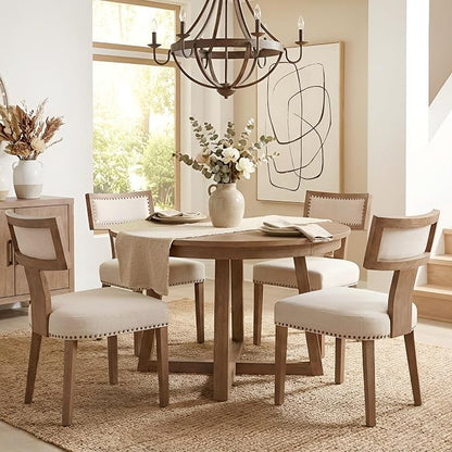 HNY Mid Century Modern Dining Chairs Set of 4, Farmhouse Linen Fabric Upholstered Accent Chairs Curved Nailhead Trim Backrest Kitchen Chairs, with Hardwood Frame, Beige