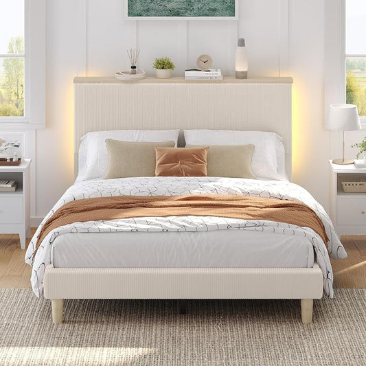 Bestier Twin Bed Frame with LED Lights& Shelf, Corduroy Upholstered Platform Bed with Adjustable Headboard, Solid Wood Legs, Noise-Free, Easy Assembly, Beige for Bedroom
