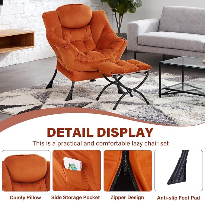 Lazy Chair with Ottoman, Modern Accent Chair Contemporary Sofa Chair with Armrests, Reading Chair and Folding Footstool Set for Living Room, Bedroom, Orange