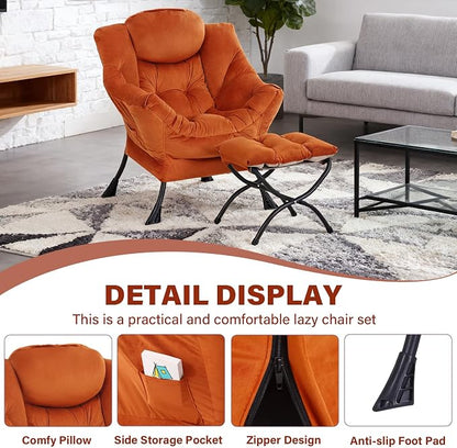 Lazy Chair with Ottoman, Modern Accent Chair Contemporary Sofa Chair with Armrests, Reading Chair and Folding Footstool Set for Living Room, Bedroom, Orange