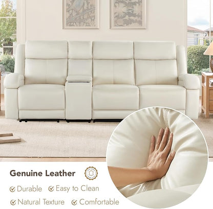 Watson & Whitely Genuine Leather Power Recliner Sofa, 3 Seater Wall Hugger Reclining Sofas with Storage Console, Power Headrest, USB, Electric Recliner Couch Set for Living Room, Cream