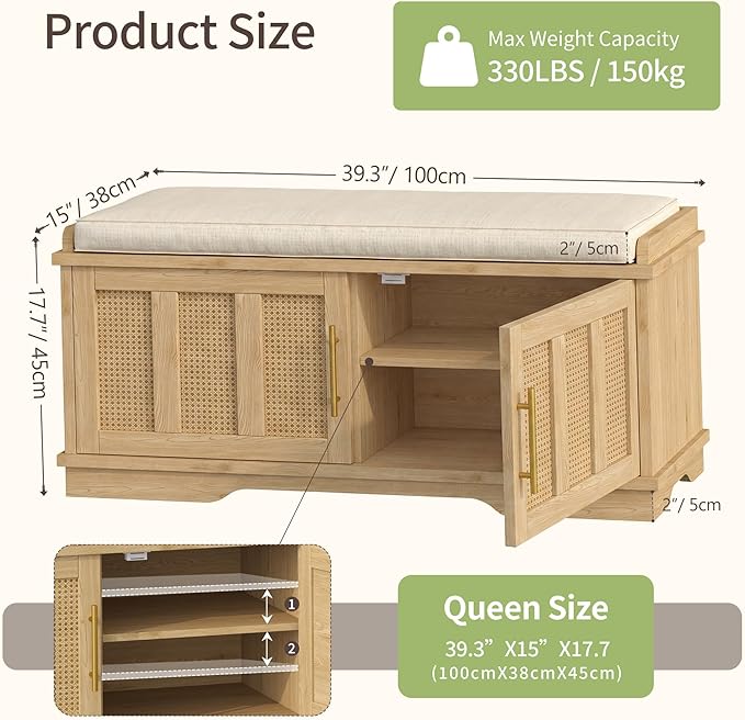 Heybly Shoe Cabinet with Bench, Rattan Entryway Storage Bench with Cushion, Shoe Storage Bench Cabinet with 2 Doors, Adjustable Shelves, Wooden Shoe Bench 39.4" for Living Room Bedroom Hallway HSB002N