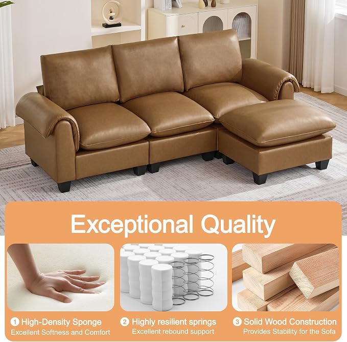96" Faux Leather Modular Sectional Sofa with Movable Ottoman, Oversized 3 Seater Couch with Curved Armrests, Cloud Modern L-Shaped Sofa Deep Seat for Living Room, Light Brown