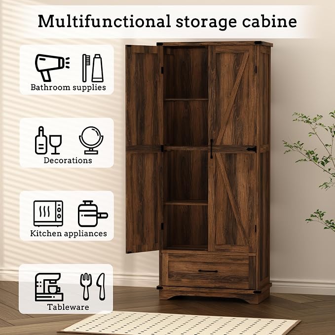 71" Farmhouse Kitchen Pantry Storage Cabinet with Drawer & 2 Barn Doors, Freestanding Cupboard with Adjustable Shelves, Modern Floor Cabinet for Kitchen, Dining Room, Living Room, Bathroom, Brown