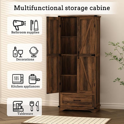 71" Farmhouse Kitchen Pantry Storage Cabinet with Drawer & 2 Barn Doors, Freestanding Cupboard with Adjustable Shelves, Modern Floor Cabinet for Kitchen, Dining Room, Living Room, Bathroom, Brown