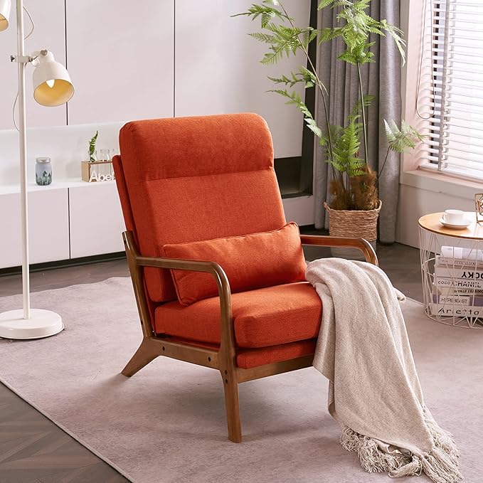 Karl home Accent Chair High Back Mid-Century Modern, Burnt Orange | Linen Fabric Upholstered, Walnut Color Solid Rubber Wood Frame, Soft Cushion with Pillow, For Living Room, Bedroom, Balcony
