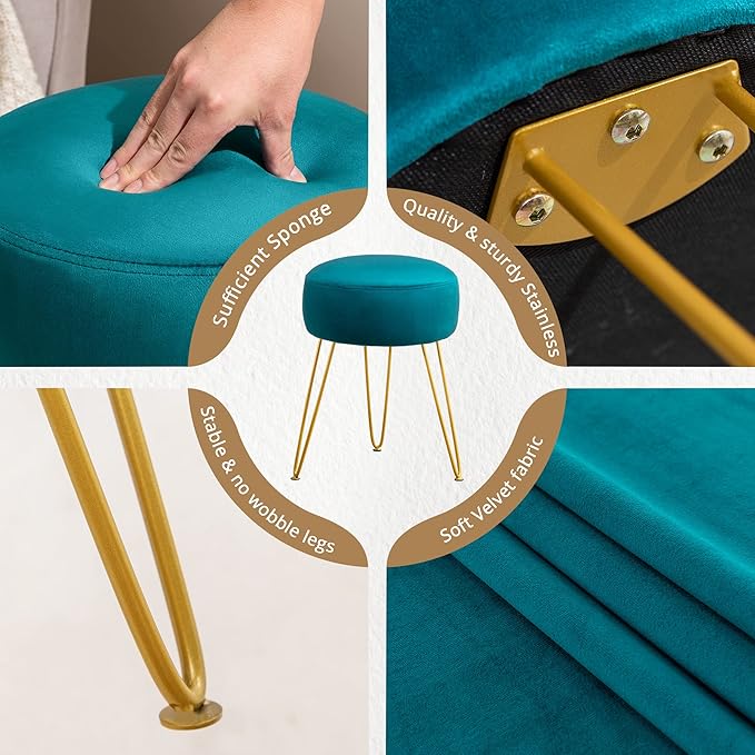 LUE BONA Vanity Stool, Teal Vanity Stools for Makeup Room, Round Ottoman Foot Stool, Velvet Footrest Vanity Chair for Bathroom Vanity, Bedroom, Living Room, Entryway, Offices, 300lbs