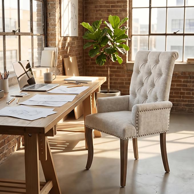 Upholstered Dining Chairs with Arms Set of 6, Greyish Beige, 6 Pack | Tufted Chenille Kitchen Chairs with Arms, Modern Farmhouse Armchair with Nailhead Trim for Dining Room, Home Office