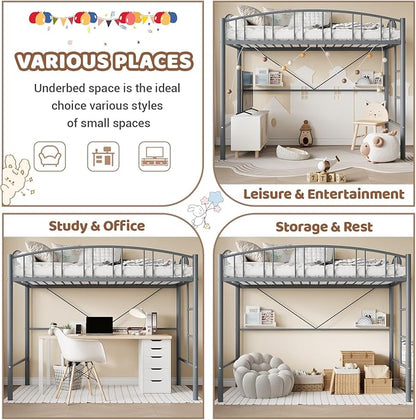 GarveeHome Loft Bed Twin Size, Heavy Duty Metal Loft Bed Frame with Arched Guardrail and Safety Ladder, Space-Saving, No Box Spring Needed, Modern Gray