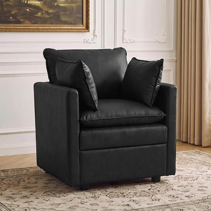 30" Black Faux Leather Sofa Chair, Single Cloud Accent Chair with Storage | Modern Upholstered Deep Seat Sofa Chair, Comfort for Reading, Lounging, and Small spaces, Armchair for Living Room, Bedroom