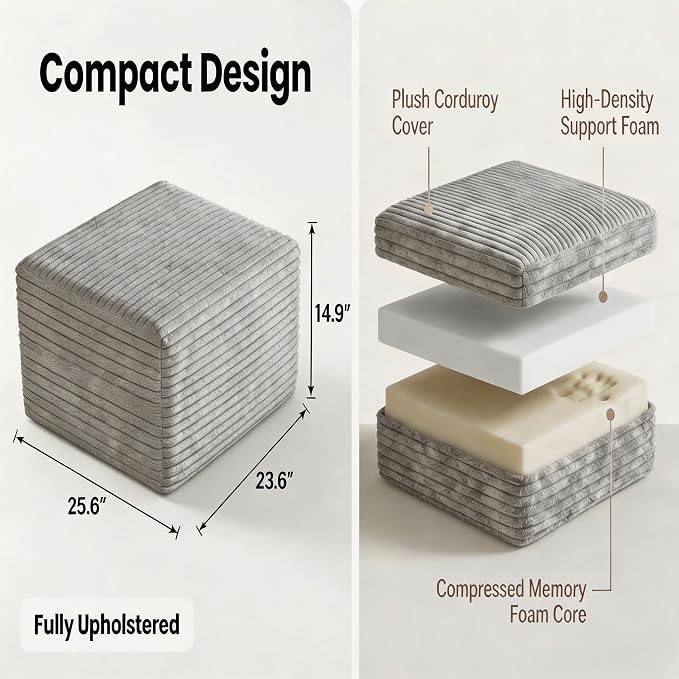25.6 Inch Plush Corduroy Ottoman, Modular Sectional Foot Rest for Living Room, Upholstered Cloud Ottoman for Boneless Couch in a Box, Compressed Memory Foam, No Assembly Require, Light Grey