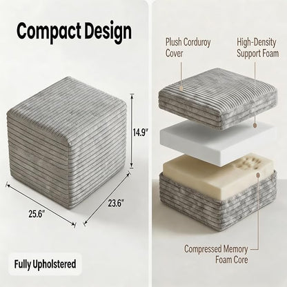 25.6 Inch Plush Corduroy Ottoman, Modular Sectional Foot Rest for Living Room, Upholstered Cloud Ottoman for Boneless Couch in a Box, Compressed Memory Foam, No Assembly Require, Light Grey