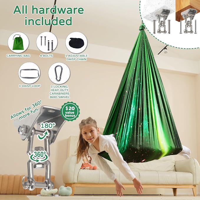 Sensory Swing for Kids Indoor & Outdoor Double Layer Therapy Cuddle Hammock Chair with 360 Swivel Hanger Kit Adjustable Swing for Child and Adult with Aspergers Autism ADHD (Aurora Green)