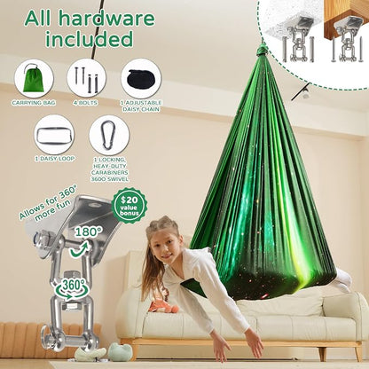 Sensory Swing for Kids Indoor & Outdoor Double Layer Therapy Cuddle Hammock Chair with 360 Swivel Hanger Kit Adjustable Swing for Child and Adult with Aspergers Autism ADHD (Aurora Green)