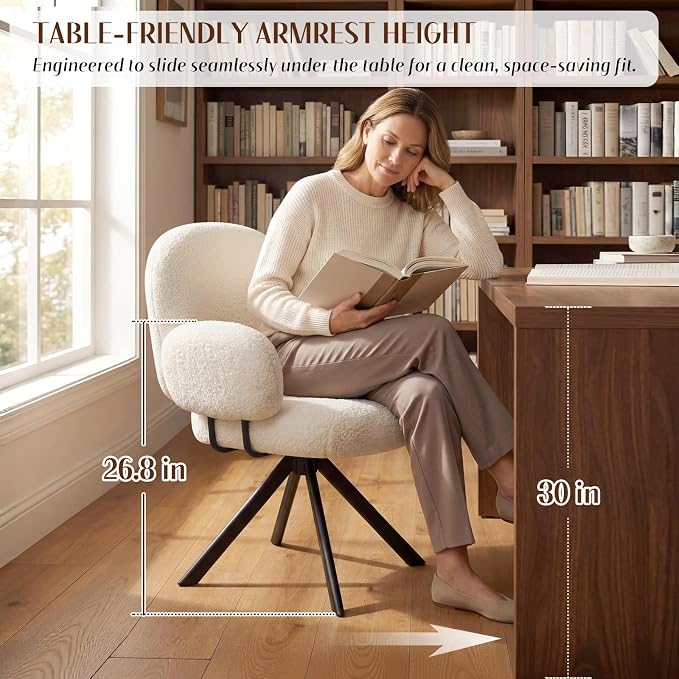 Cute Desk Chair No Wheels Set of 2, 360° Swivel Accent Chairs with Arms, Modern Upholstered Dining Room Chairs with Tufted Cushion, Accent Chairs for Home Office/Bedroom/Kitchen, Teddy Sherpa, Beige
