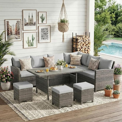 Wisteria Lane 7 Piece Patio Furniture Set, High Curved Back Wicker Outdoor Dining Set, All Weather Patio Sectional, Outdoor Furniture Patio Conversation Set with Ottoman, Ash Gray