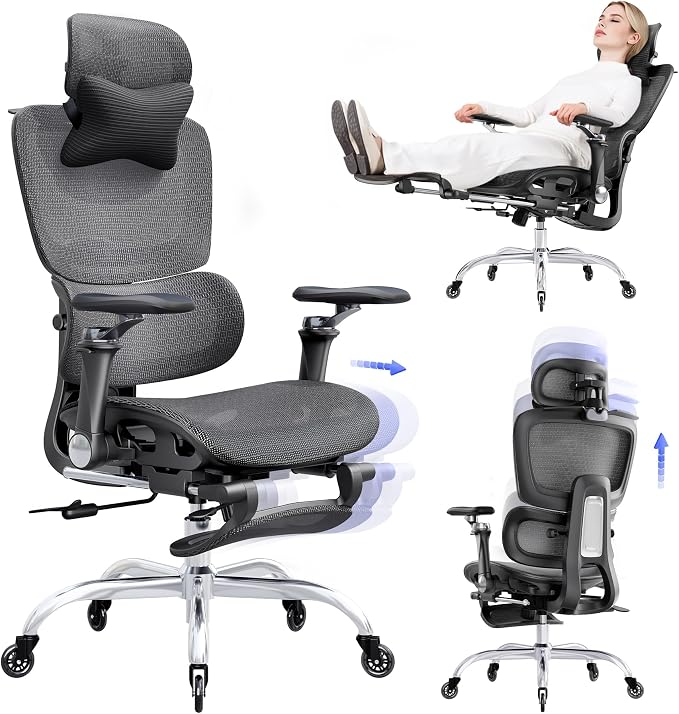 Office Chair with Footrest, Ergonomic Chair with 3D Headrest, Computer Chair with Adjustable Backrest & 6D Armrest, Gaming Chair with Adaptive Lumbar Support, Adjustable Seat Depth, Black
