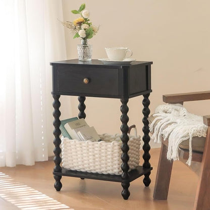 AWASEN Black Nightstand, Bedroom Side Table with Drawer for Living Room, Small Bedside End Table with Spindle Wood Legs for Bedroom, Office, Black