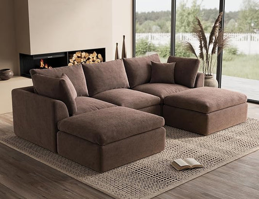 ohllob 110" Cloud Sectional Couches for Living Room, Boneless U Shaped Couch with Ottoman, 3 Seater Modular Sectional Sofa, Brown
