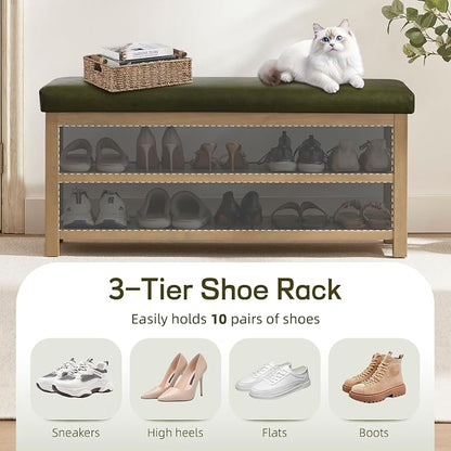 Zihanhome Shoe Rack Bench with Leather Cushion, 2 Tier Solid Wood Storage Bench, Mid-Century Modern Shoe Bench for Entryway, Hallway, Closet, Front Door Entrance, Foyer (Green, 46.5)