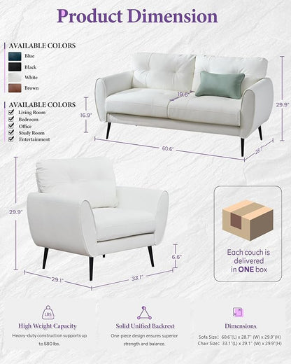 TYBOATLE Sofa Couch 61" Small Loveseat Couches for Living Room Leather Couch Mid Century Modern Tufted Mini Sofa Comfy Office 2 Seat Settee Love Seat for Small Spaces Bedroom (3, White)