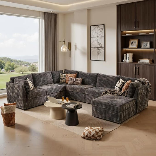 ovios Modular Sectional Sofa Couch with Sofa Bed U-Shape Chaise, Comfy Plush Corduroy Cloud Couches, Modern Luxury Deep Seat Sofas Set for Living Room, 7-Seater, Grey
