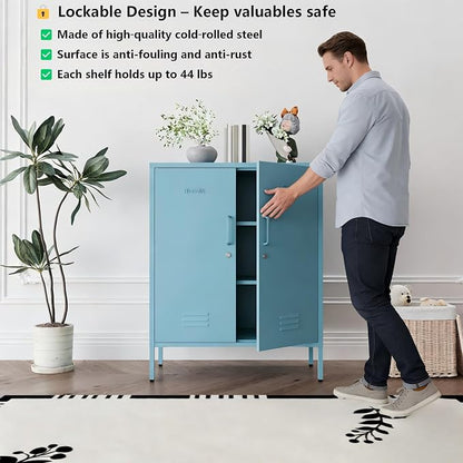 Blue 3 Tier Metal Storage Cabinet with Legs, Lockable 2 Door Metal Locker, Heavy Duty Multipurpose Accent Storage Cabinet with 2 Adjustable Shelves for Home, Office, Entryway and Hallway