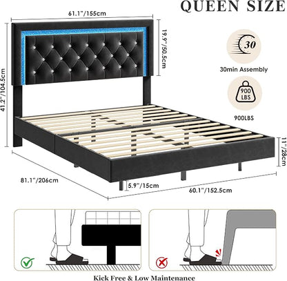 Garvee Floating Bed Frame Queen Size with Smart Led Lights, Upholstered Platform Bed with Diamond Headboard, Solid Wood Slats Support, No Box Spring Needed, Noise-Free, Easy Assembly, Black