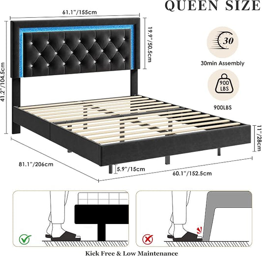 Garvee Floating Bed Frame Queen Size with Smart Led Lights, Upholstered Platform Bed with Diamond Headboard, Solid Wood Slats Support, No Box Spring Needed, Noise-Free, Easy Assembly, Black