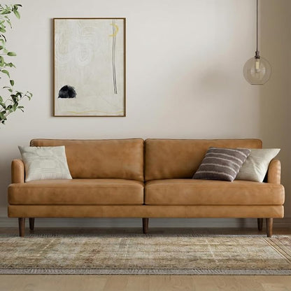 SIMPLIHOME Livingston 90-inch Wide Sofa in Sienna Top Grain Genuine Leather, Handcrafted Mid-Century Modern Couch for Living Room, Large 3-Seater with Feather-Wrapped Cushions and Solid Wood Frame