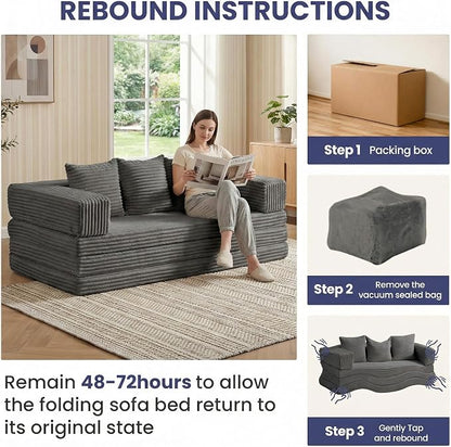 Convertible Sofa Bed Couch, 78’’ Oversized 4-in-1 Boneless Couches with Removable Armrests Backrest, Corduroy Futon Sofa Bed, Foldable Mattress Sleeper Sofa for Living Room Bedroom (Grey)