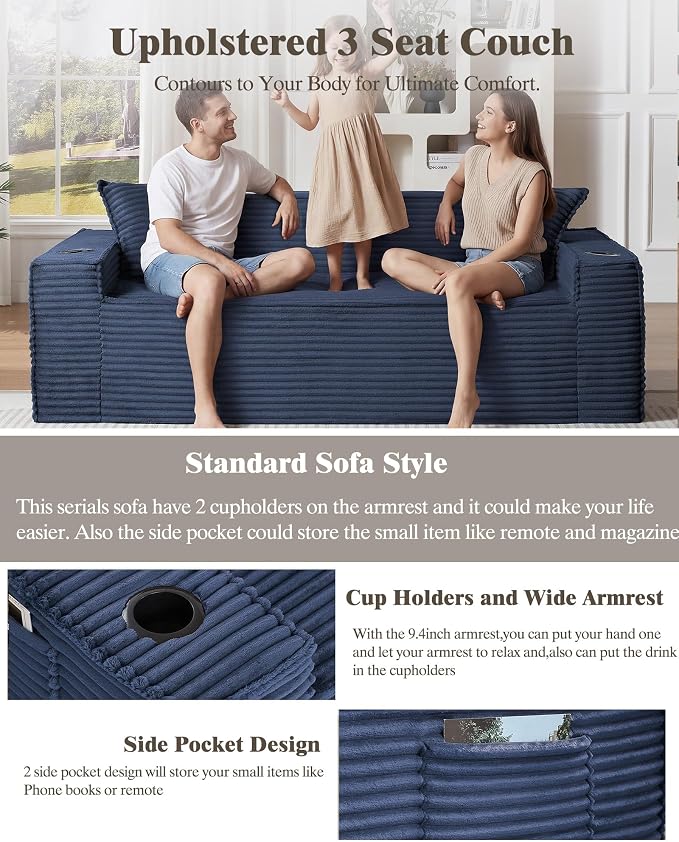 61" Boneless Sofa Couches with Cup Holder,2 Seat Loveseat Sofas with Side Pocket for Compact Living Rooms, Apartments (Blue, Loveseat Sofa)