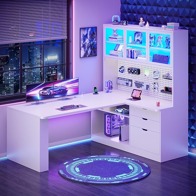 SEDETA L Shaped Computer Desk, L Shaped Corner Gaming Desk with 3 Wood Drawer and Large Bookshelf, Home Office Desk with LED Light, Display Cabinet and Pegboard, 27.5" W Large Desktop Table, White
