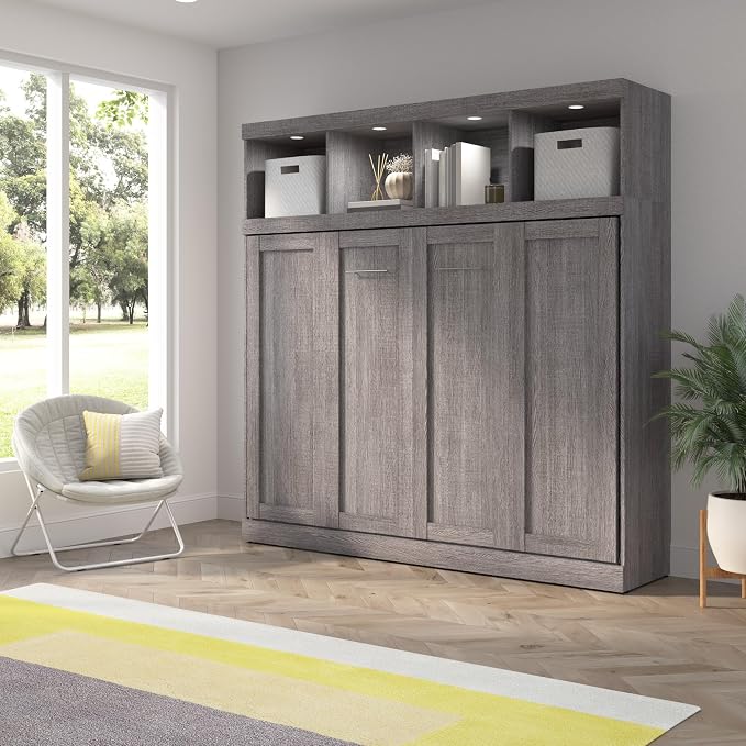 Bestar Queen Size Horizontal Murphy Bed with Storage and Charging Station, 80-inch, for Bedroom or Guestroom, Pur Collection, Modern, Gray