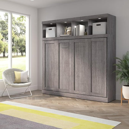 Bestar Queen Size Horizontal Murphy Bed with Storage and Charging Station, 80-inch, for Bedroom or Guestroom, Pur Collection, Modern, Gray
