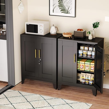 Black Metal Storage Cabinet, 36" Tall Locking Storage Cabinet, 14”D | with 2 Adjustable Shelves, Steel Locker Organizer, Metal Freestanding Buffet Cupboards Sideboard for Office, Home, School,2PS