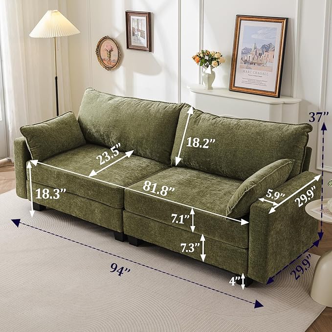 94'' Modular Sectional Sofa with All Seats Storage,Oversized 3-Seater Comfy Couches with Throw Pillows,Big Loveseat for Living Room,Bedroom,Chenille,Green
