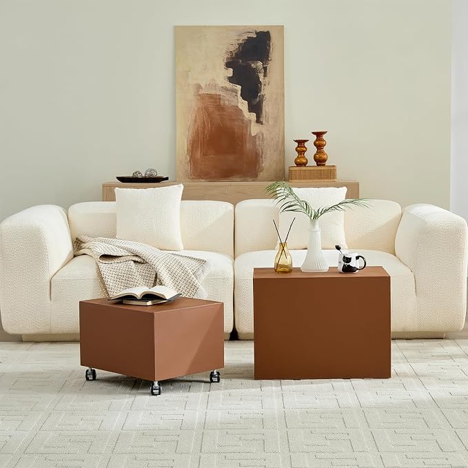 Rolling Modern Coffee Table Set of 2 with Wheels, Leather Square Coffee Table and End Table Sets, Minimalist Center Table, Luxury Wooden Cube Side Table for Living Room Bedroom Apartment,Brown