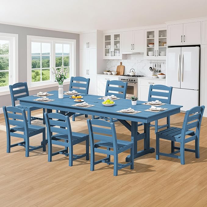 SERWALL 9 Piece 84" HDPE Outdoor Dining Set for 8 with Armless Chairs and Umbrelle Hole, Blue