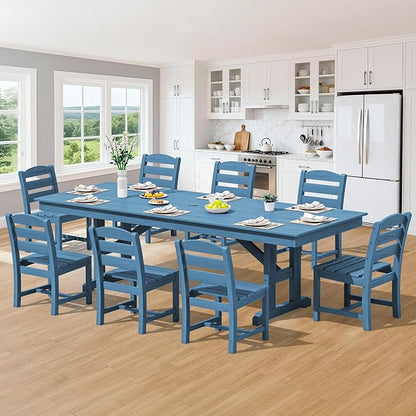 SERWALL 9 Piece 84" HDPE Outdoor Dining Set for 8 with Armless Chairs and Umbrelle Hole, Blue