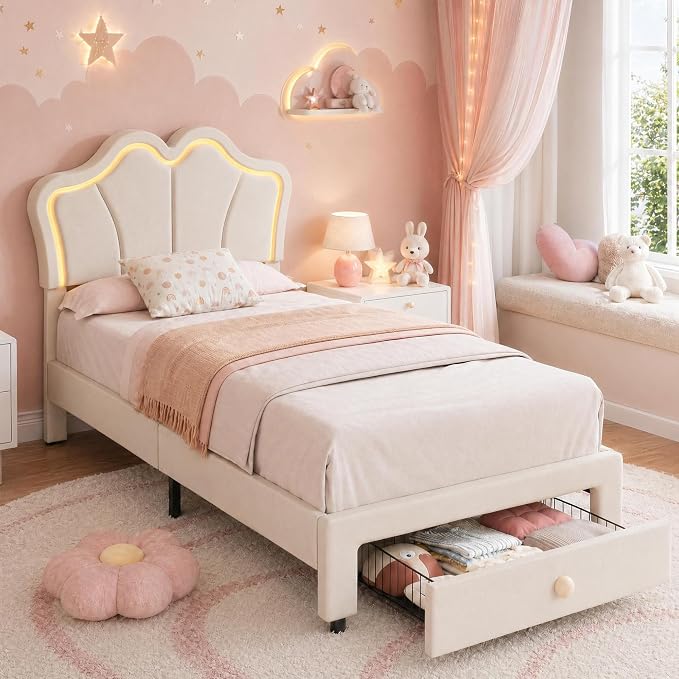 Garvee Twin Bed Frame with Storage, Upholstered LED Bed Frame with Headboard, Cute Velvet Platform Bed Frame for Kids, Girls, Solids Wood Slats Support, No Box Spring Needed, Easy Assembly, White