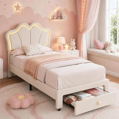 Garvee Twin Bed Frame with Storage, Upholstered LED Bed Frame with Headboard, Cute Velvet Platform Bed Frame for Kids, Girls, Solids Wood Slats Support, No Box Spring Needed, Easy Assembly, White